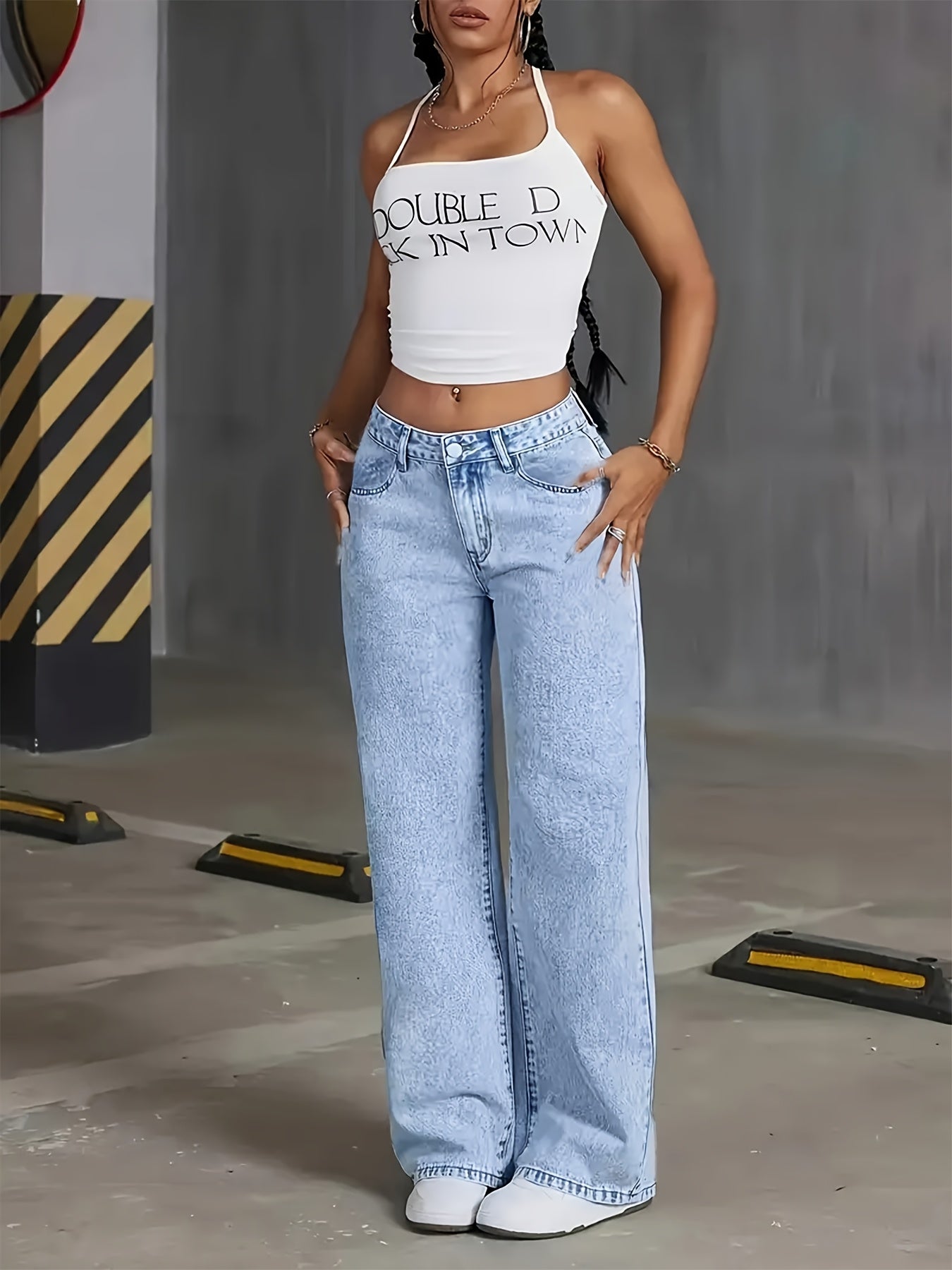 Damen High Waist Jeans mit Weitem Bein