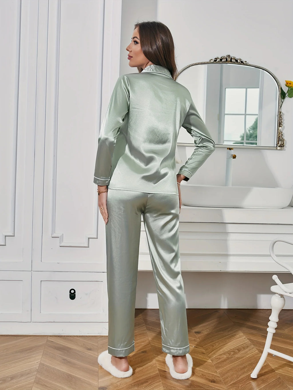 Damen Solides Pyjama-Set mit langen Ärmeln