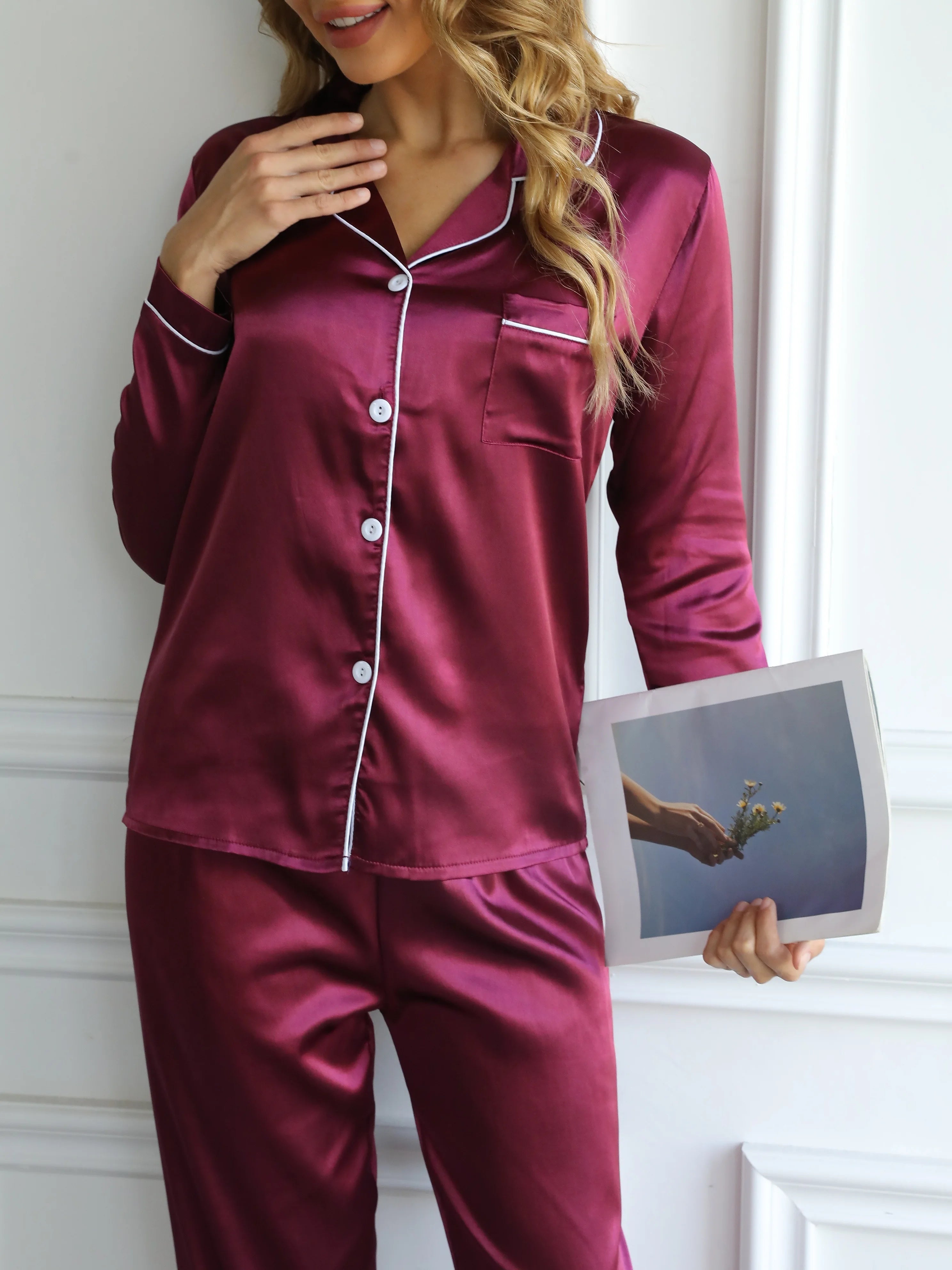 Damen Solides Pyjama-Set mit langen Ärmeln