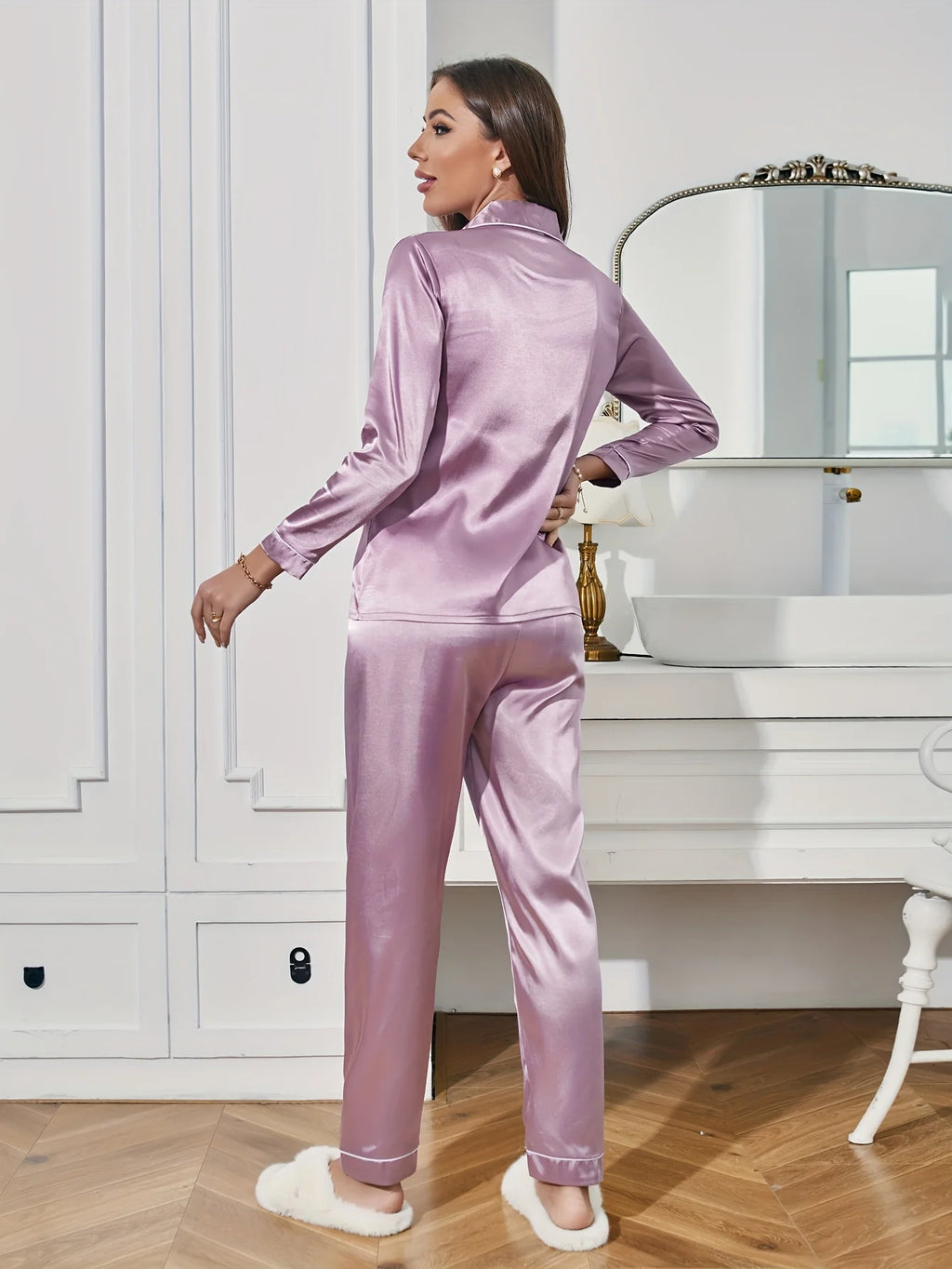 Damen Solides Pyjama-Set mit langen Ärmeln